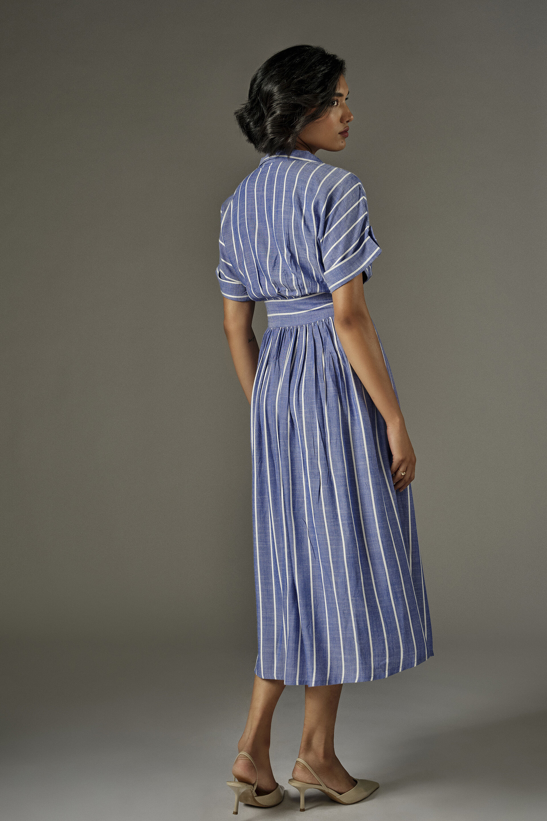 Fit & Flare Striped Midi Dress in Blue, Blue, image 5